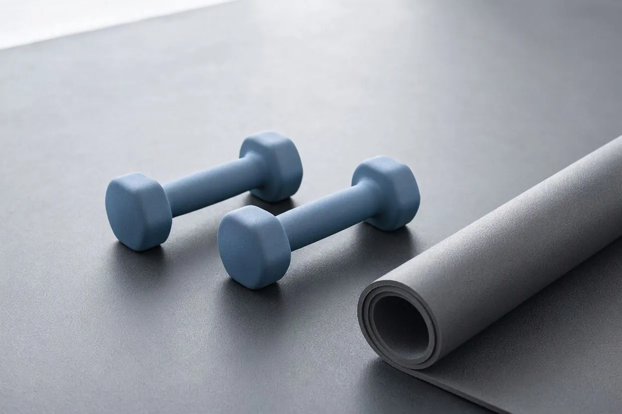 Two dumbbells and a yoga mat — beginner strength training equipment