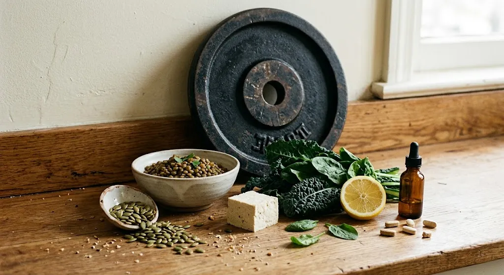 Worn weightlifting plate leaning against a wall surrounded by vegan foods rich in iron and vitamin B12