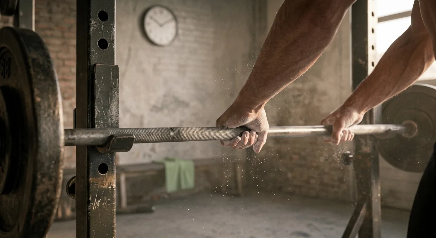 A lifter's hands about to lift a heavy barbell off an old, worn squat rack