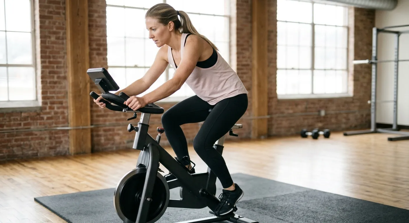 Woman in workout clothes pedaling on a stationary bike — warm-up routine