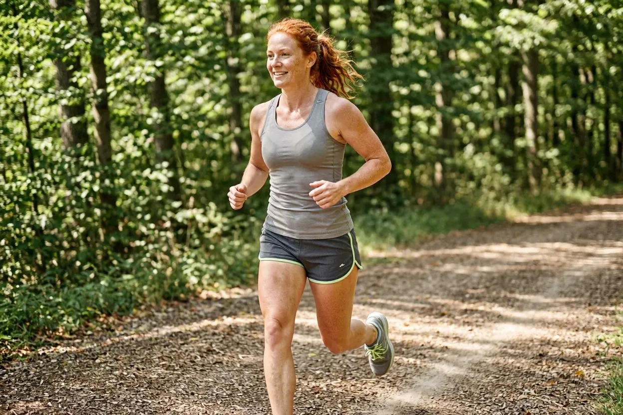 Woman jogging through a forest — conditioning for lifters
