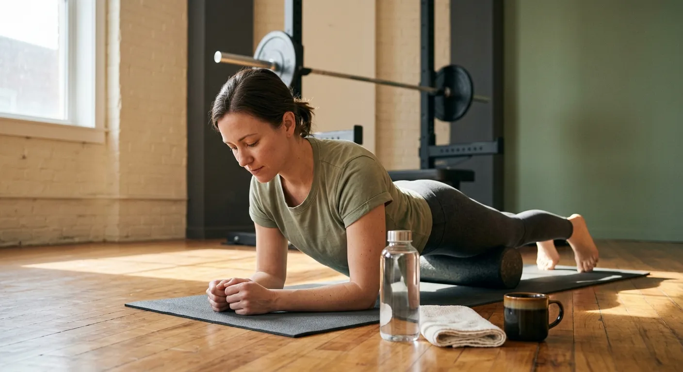 Woman foam rolling on a yoga mat — deload and recovery