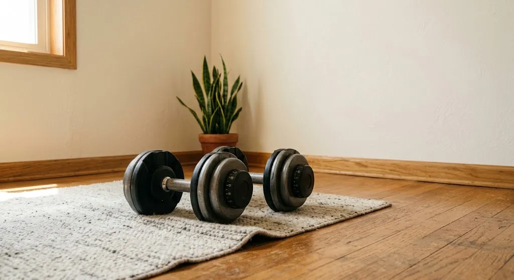 Two adjustable dumbbells sitting on a rug — dumbbell-only home workout