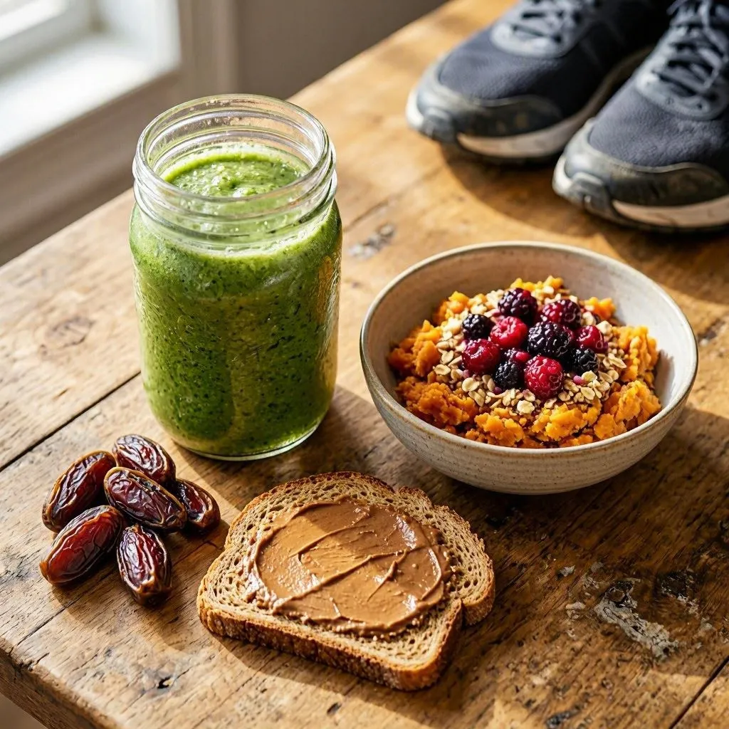 A vegan pre-workout meal — smoothie, sweet potato, oatmeal, toast and nuts