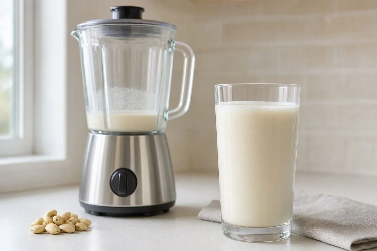 A glass of creamy homemade nut milk (mylk)
