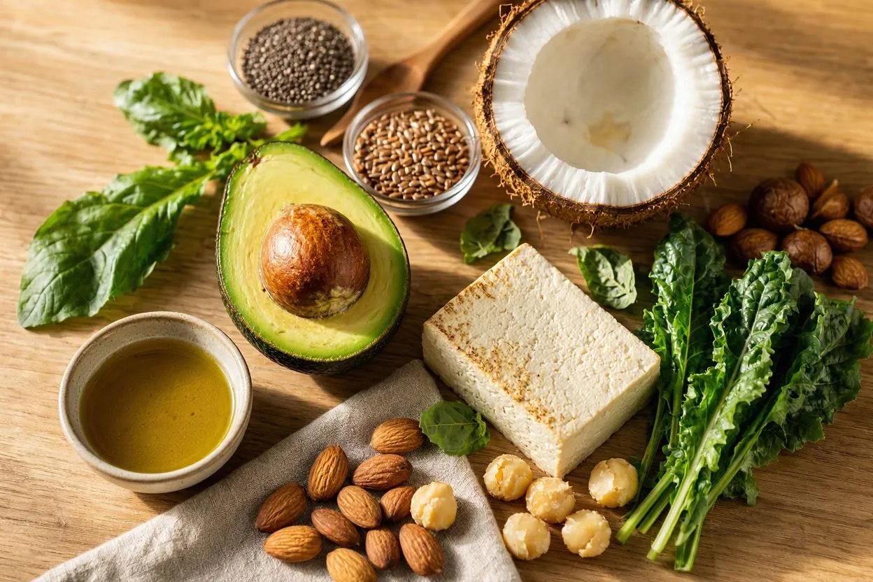 Assortment of keto-friendly plant-based foods — avocado, nuts, seeds, and low-carb vegetables