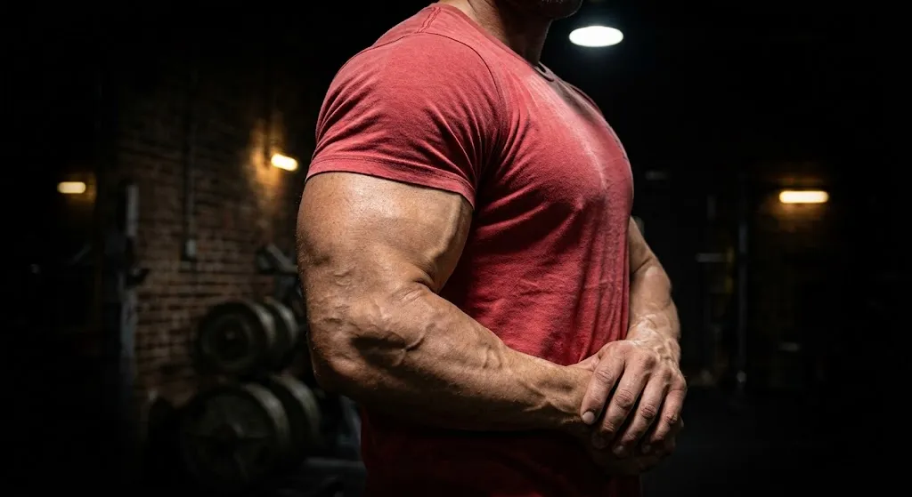Strong man flexing his arm — powerbuilding muscle definition