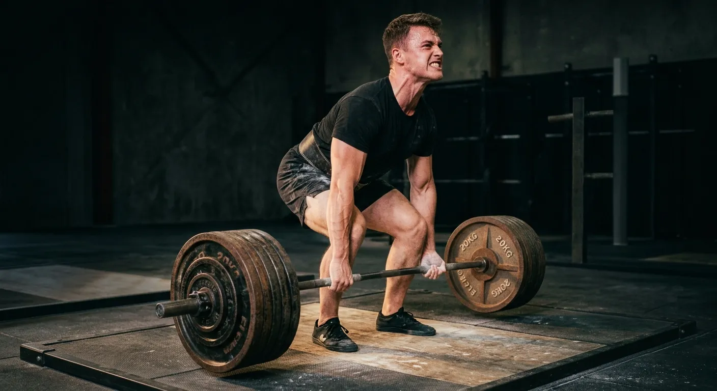 Young man pushing through a heavy deadlift — breaking a strength plateau