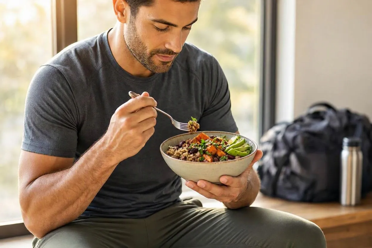 Man in workout clothes eating a grain bowl — post-workout plant-based meal