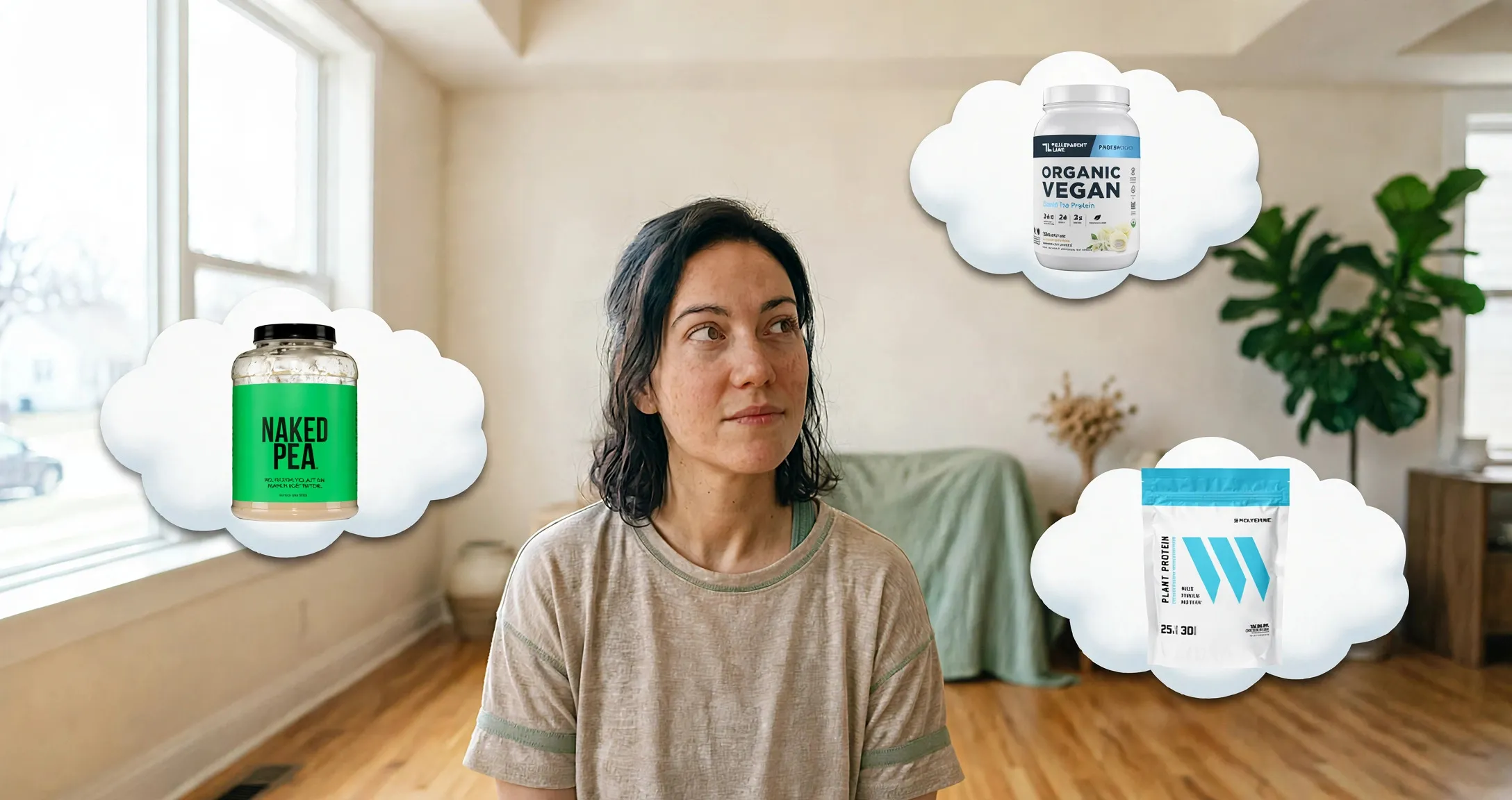 Woman thinking about various vegan protein powder brands