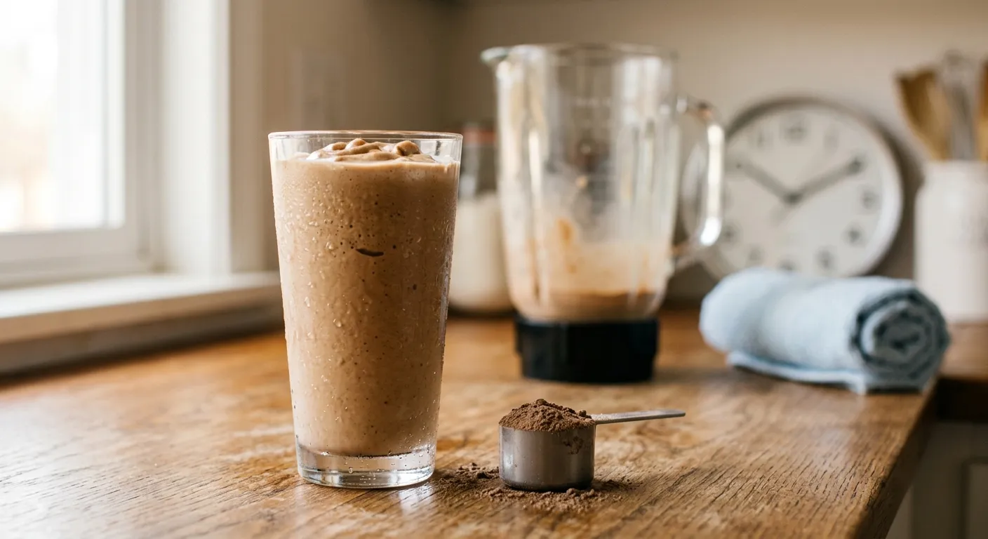 Chocolate peanut butter protein shake in a glass on a counter