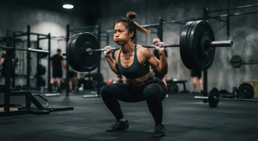 Young woman at a gym doing squats — push/pull/legs hypertrophy training