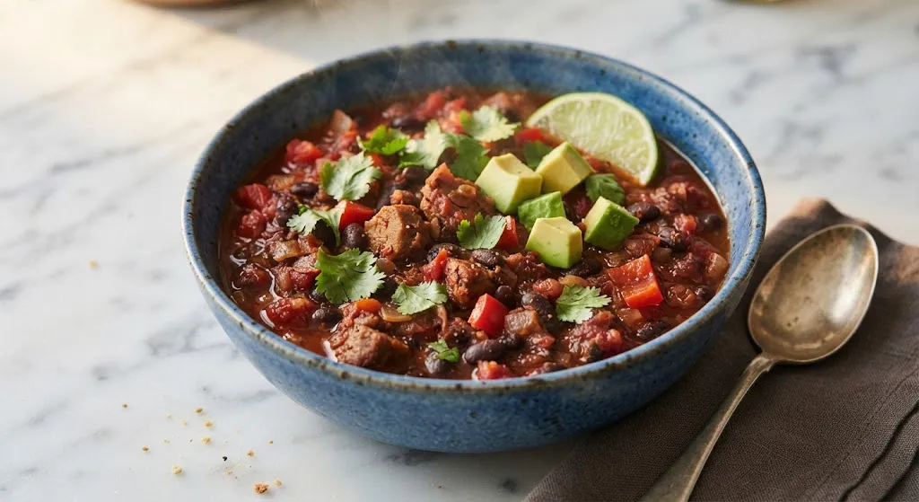 Seitan black bean chili — high-protein vegan meal prep